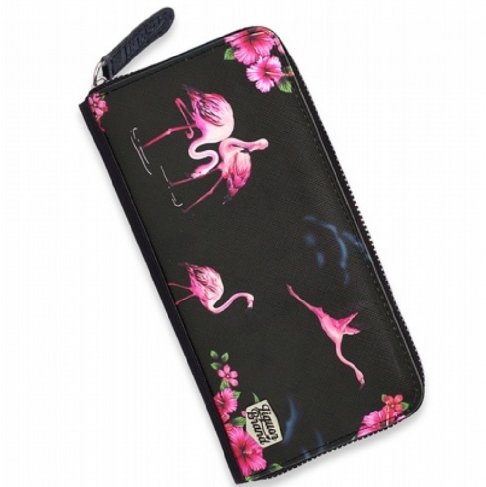 Liquor Brand Pink Flamingos Black Wallet Hibiscus